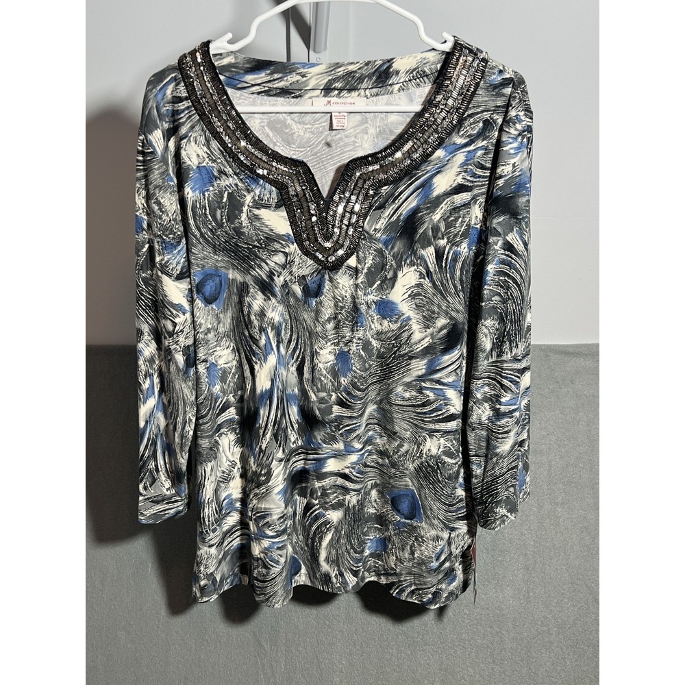 JM Collection Women's XL XLarge Blue‎ Gray Black Peacock Swirl Beaded Tunic Top
